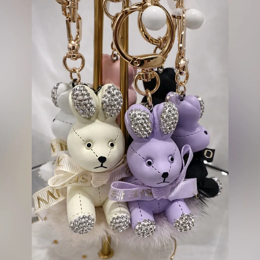 WHITE Bunny Pom Pom Keychain Bag Charm -